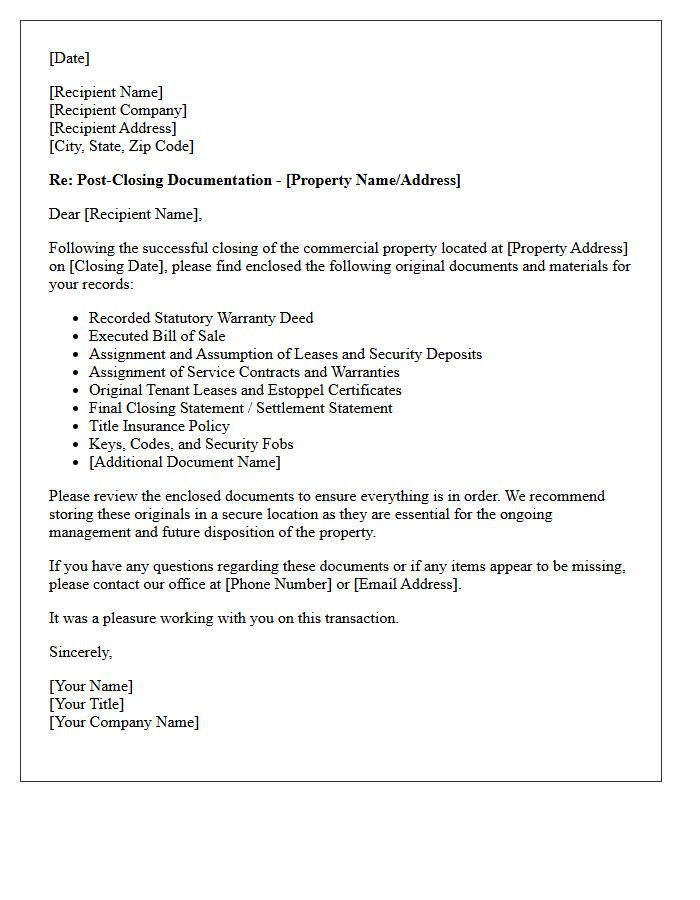 Commercial Property Post-Closing Document Delivery Letter