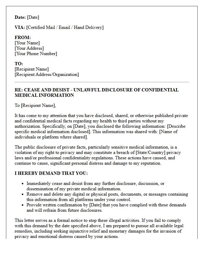 Public Disclosure of Confidential Medical Facts Cease and Desist Letter