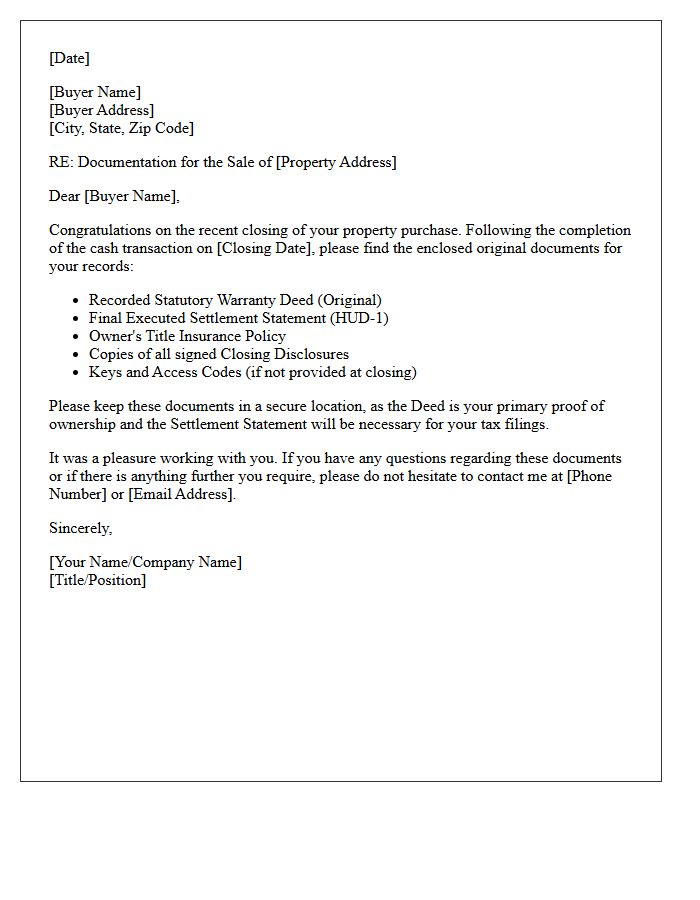 Cash Buyer Post-Closing Document Delivery Letter