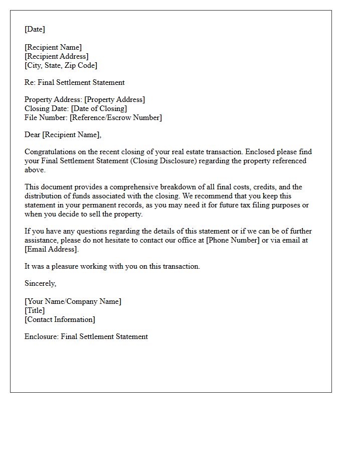 Final Settlement Statement Post-Closing Delivery Letter