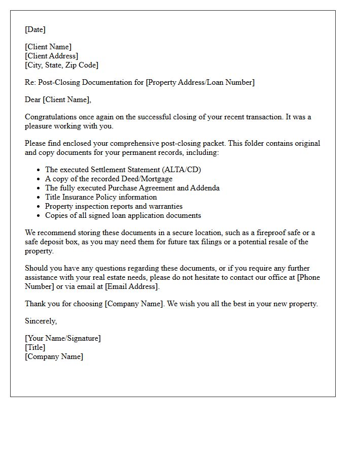 Comprehensive Post-Closing Packet Delivery Letter