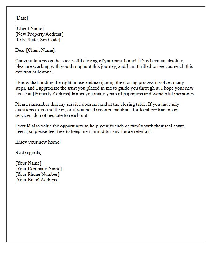 New Homeowner Successful Closing Letter