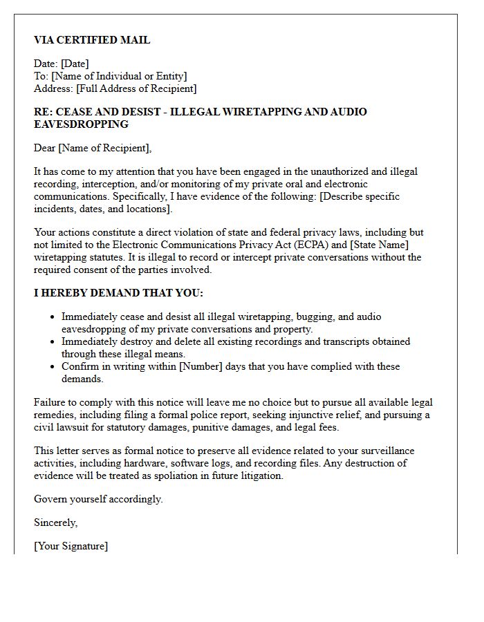 Illegal Wiretapping and Audio Eavesdropping Cease and Desist Letter
