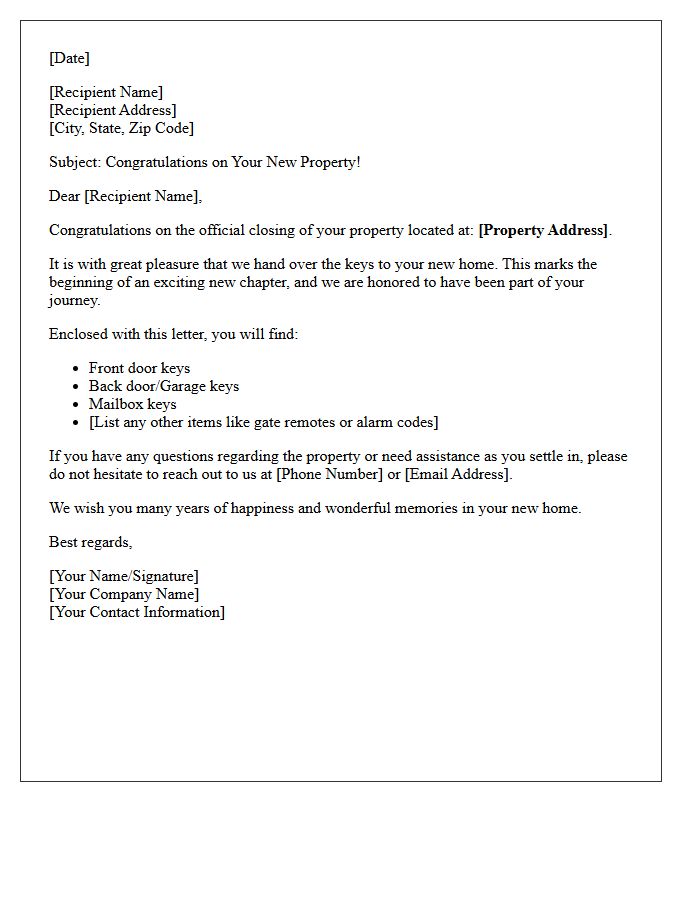 Keys To Your Property Congratulatory Letter