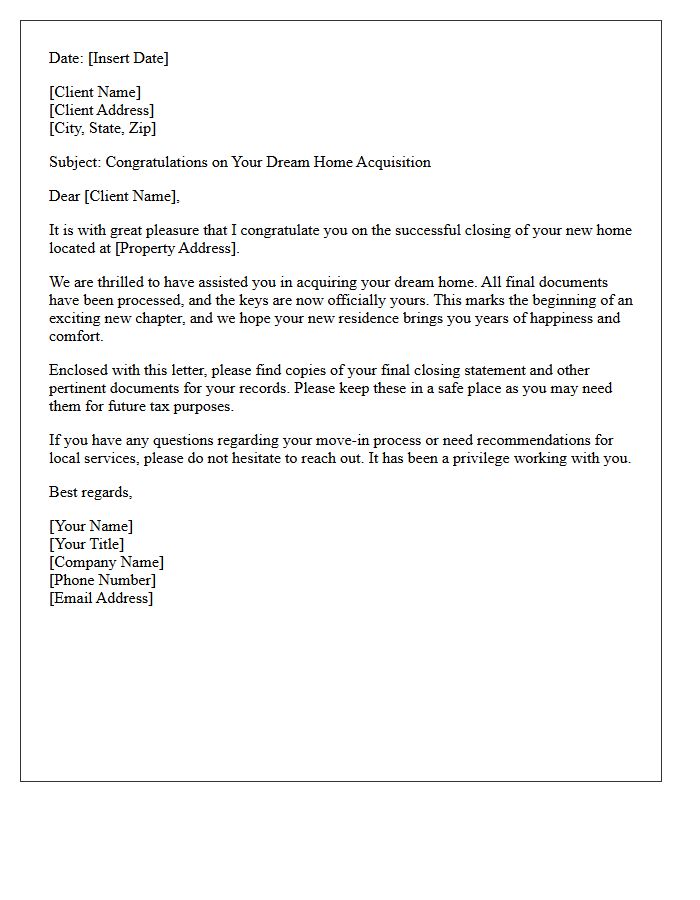 Dream Home Acquisition Closing Letter