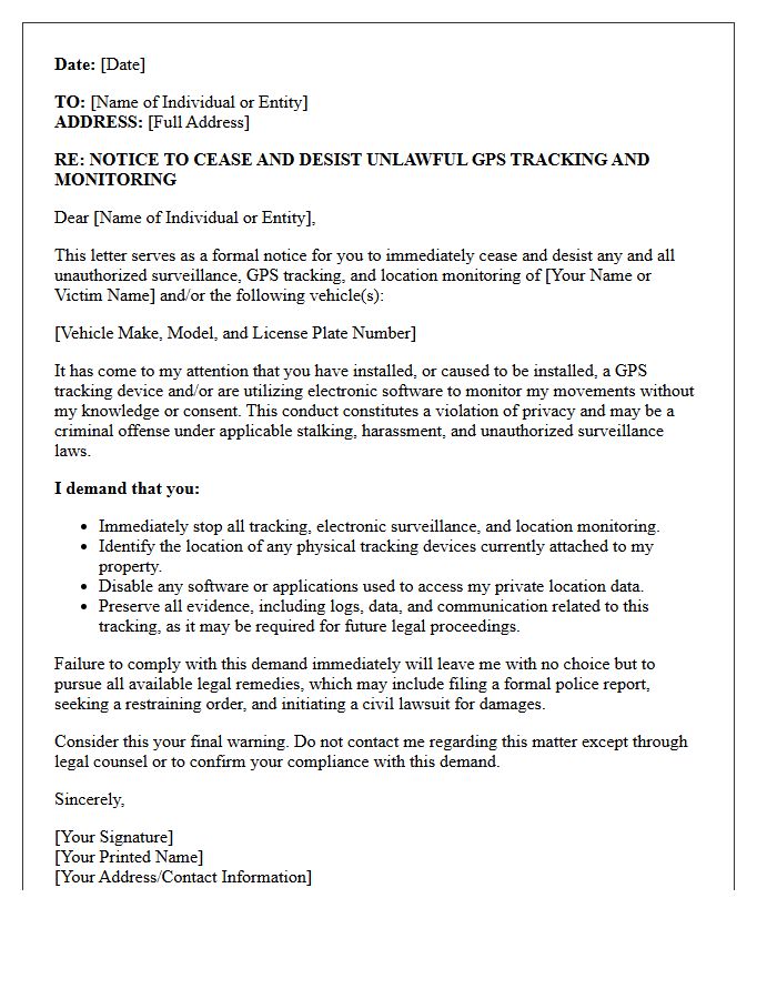 Unlawful GPS Tracking and Location Monitoring Cease and Desist Letter