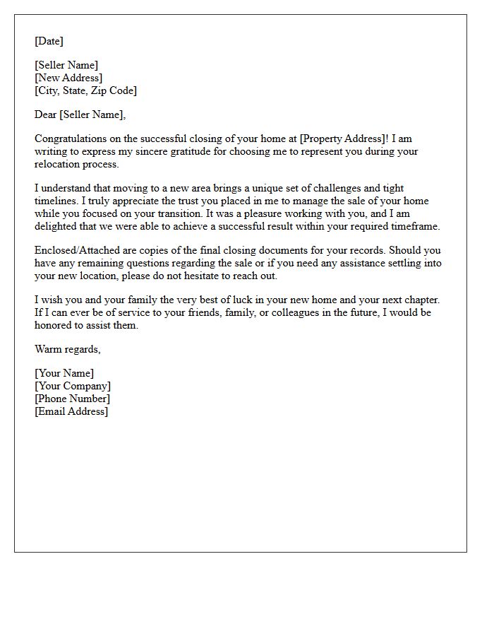 Relocation Seller Appreciative Closing Letter