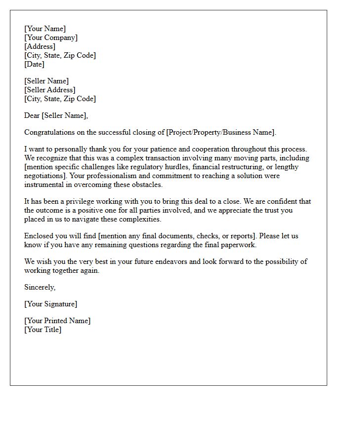 Complex Transaction Appreciative Seller Closing Letter