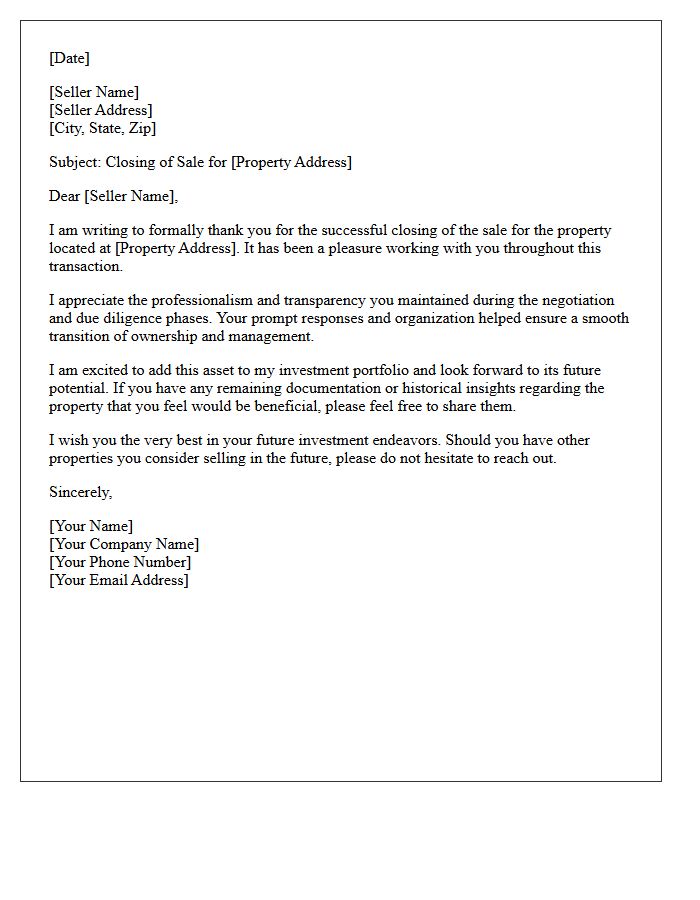 Investment Property Seller Appreciative Closing Letter