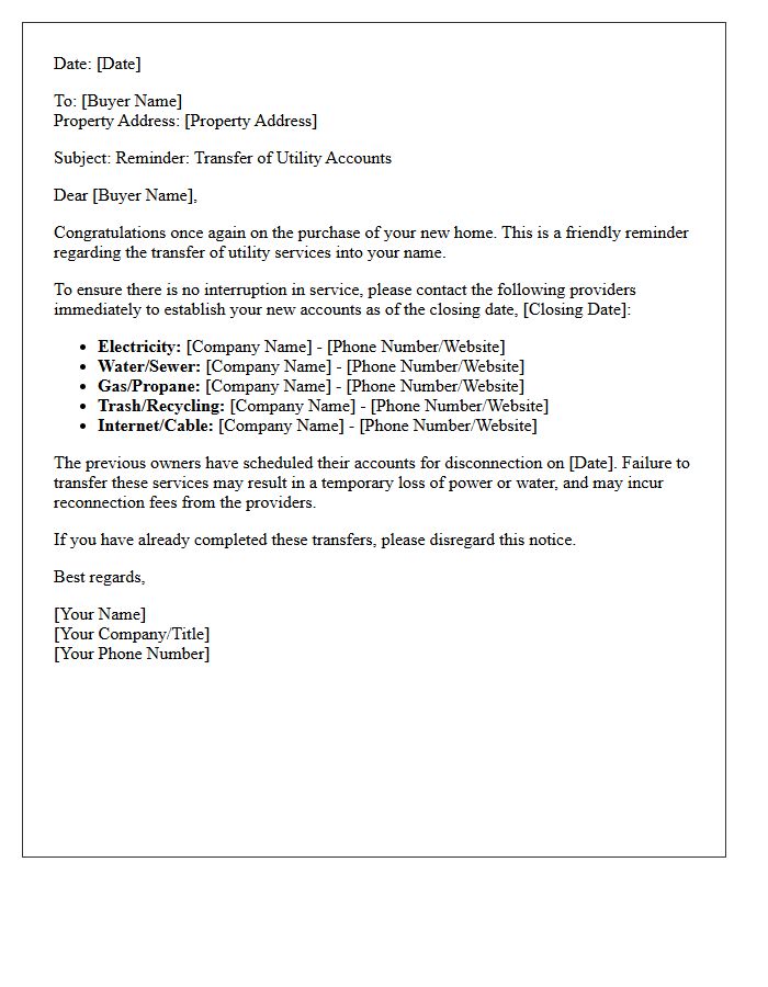 Buyer Post-Closing Utility Transfer Reminder Letter