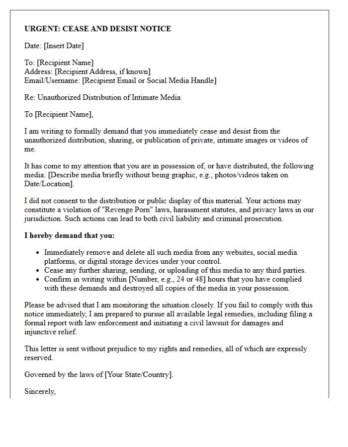Nonconsensual Distribution of Intimate Media Cease and Desist Letter
