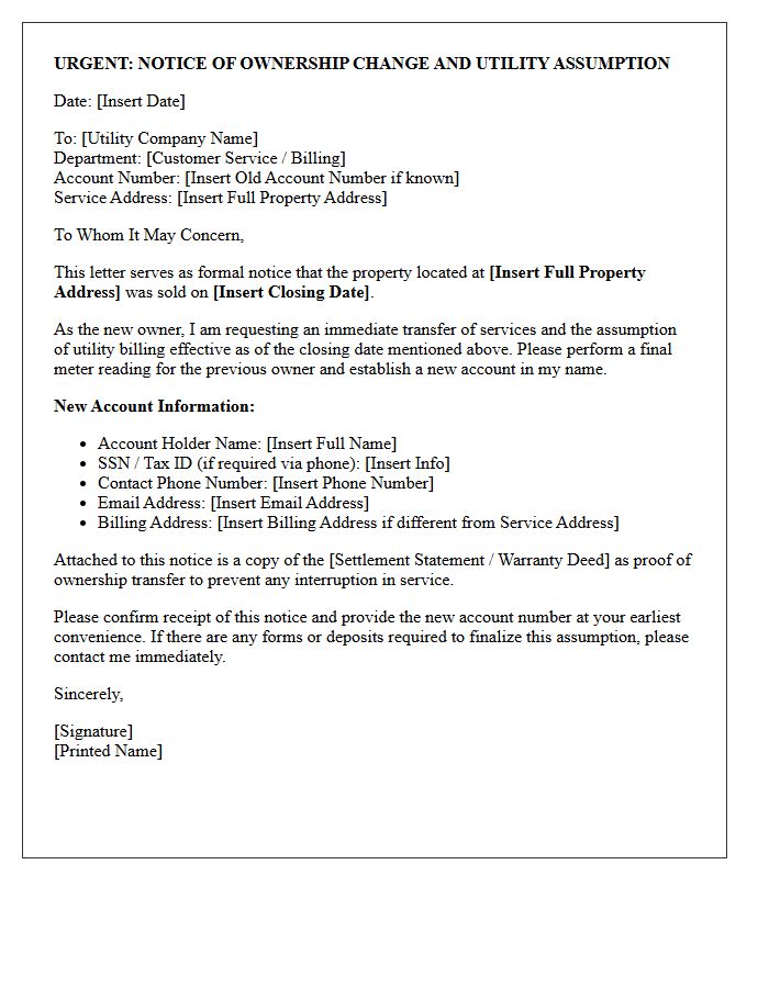 Urgent Post-Closing Utility Assumption Notice Letter