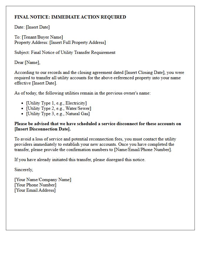 Final Notice Post-Closing Utility Transfer Letter