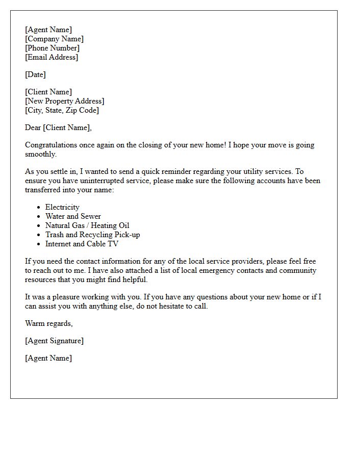 Real Estate Agent Post-Closing Utility Follow-Up Letter