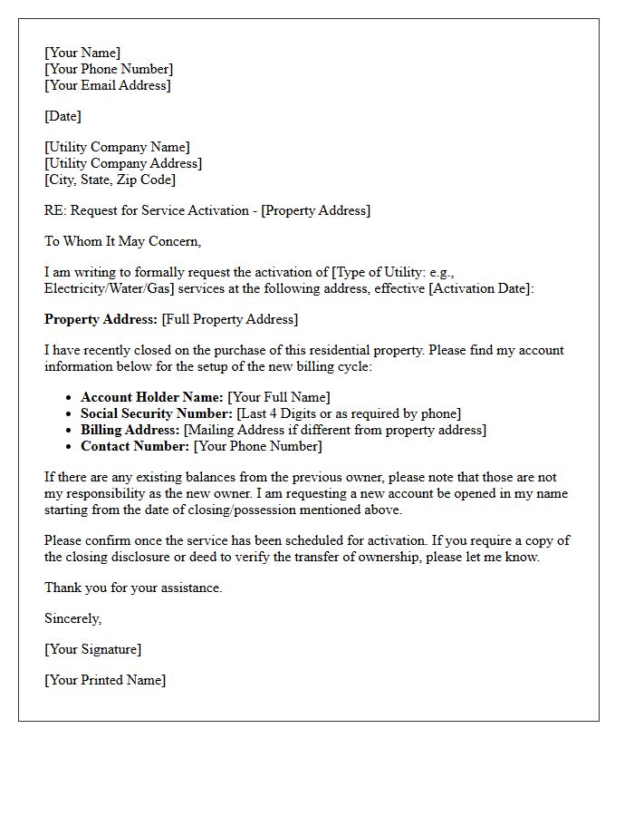 Residential Post-Closing Utility Service Activation Letter