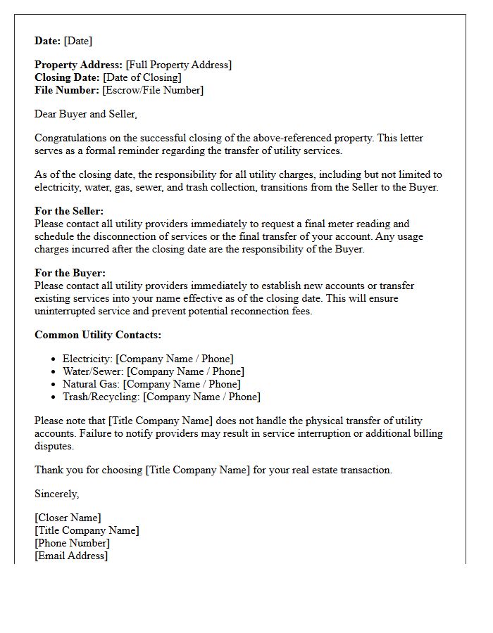 Title Company Post-Closing Utility Responsibility Letter