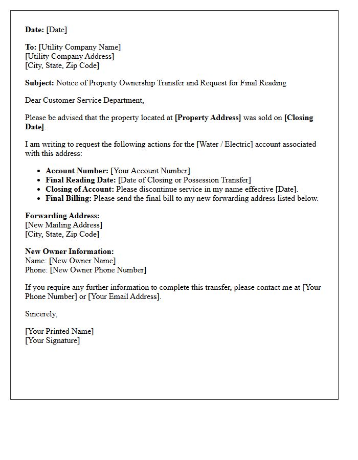 Post-Closing Water And Electric Utility Transfer Letter