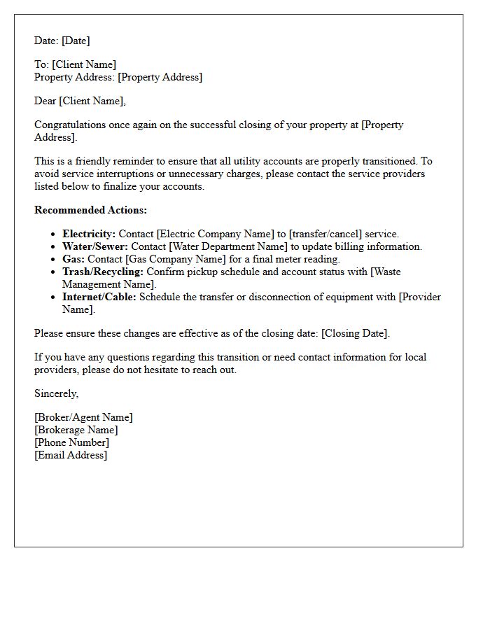 Brokerage Post-Closing Utility Transition Reminder Letter