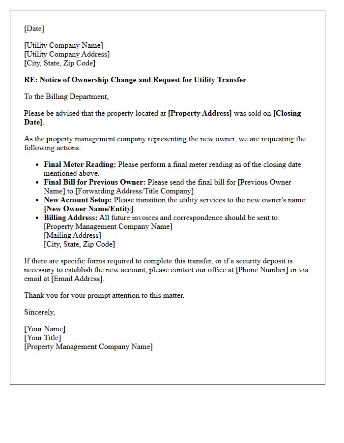 Property Management Post-Closing Utility Transfer Letter