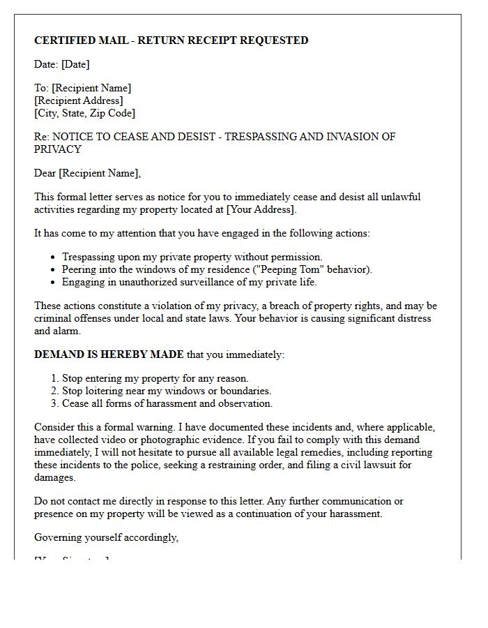 Residential Peeping Tom and Trespass Cease and Desist Letter
