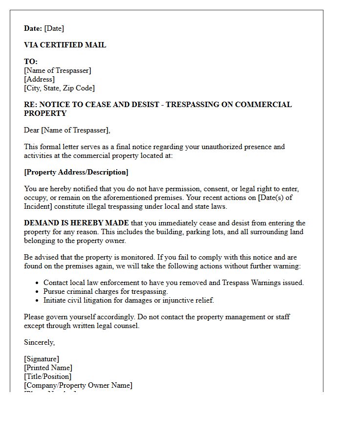 Commercial Property Trespassing Cease And Desist Letter