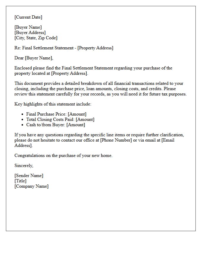 Buyer Final Settlement Statement Cover Letter