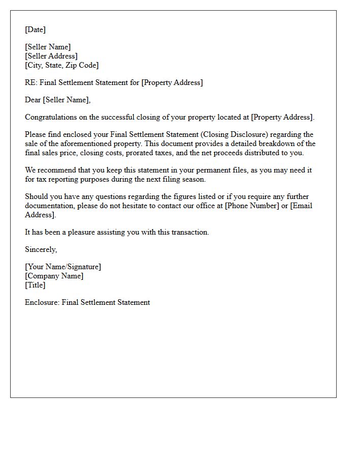 Seller Final Settlement Statement Cover Letter