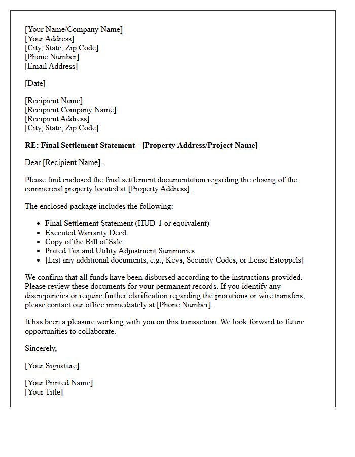 Commercial Real Estate Final Settlement Cover Letter