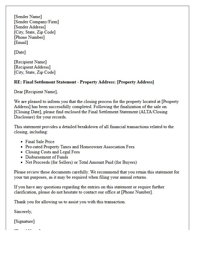 Residential Property Final Settlement Statement Letter