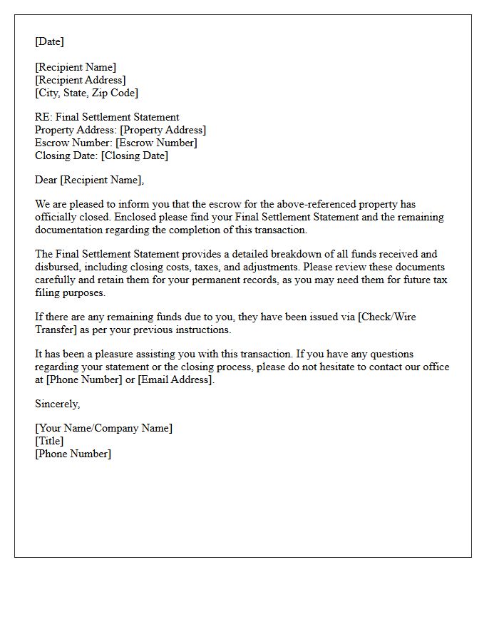 Escrow Closing Final Settlement Statement Cover Letter