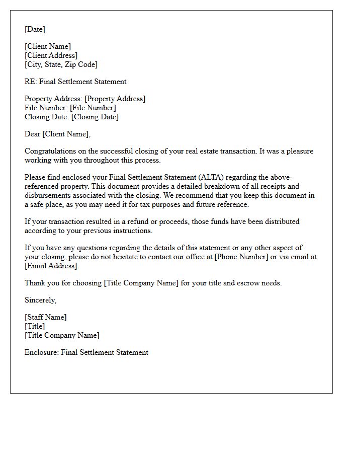 Title Company Final Settlement Statement Cover Letter