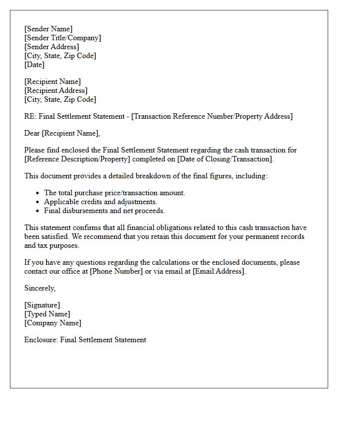 Cash Transaction Final Settlement Statement Cover Letter