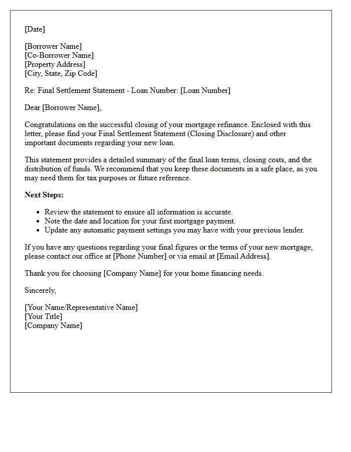Mortgage Refinance Final Settlement Statement Cover Letter