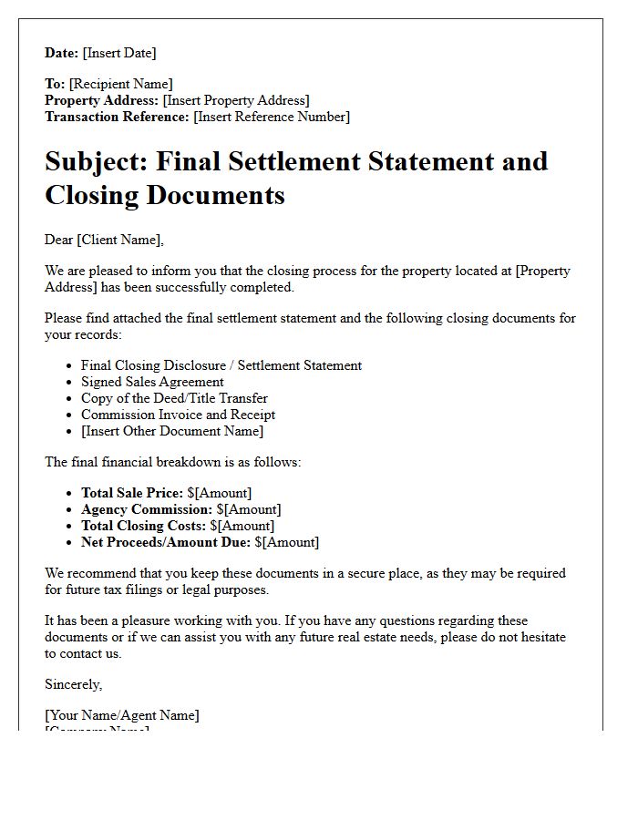 Real Estate Agency Final Settlement Document Letter