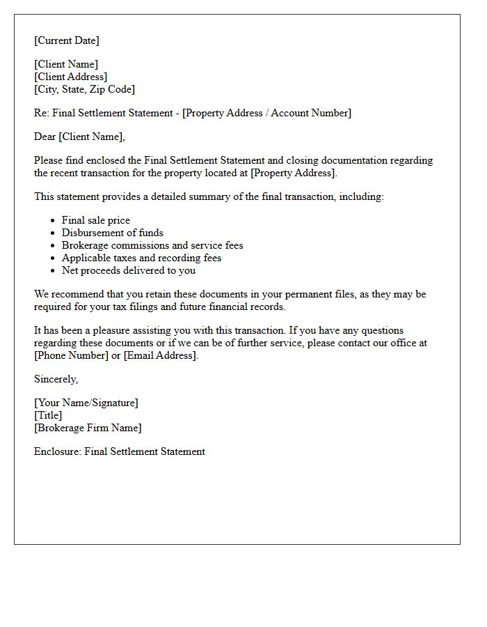 Brokerage Closing Final Settlement Statement Cover Letter