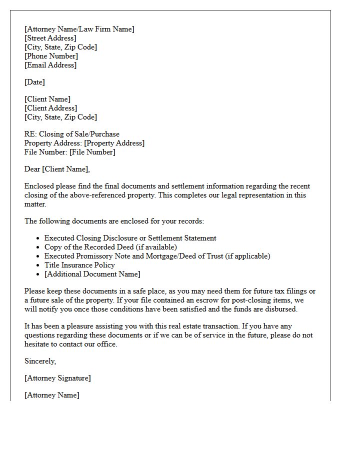 Attorney Real Estate Final Settlement Cover Letter