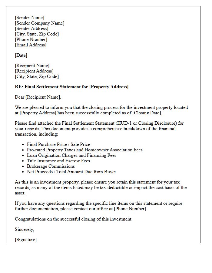 Investment Property Final Settlement Statement Letter