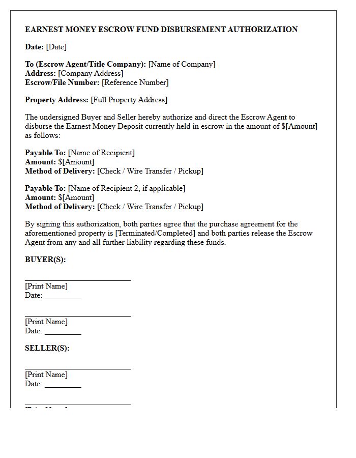 Earnest Money Escrow Fund Disbursement Authorization Letter