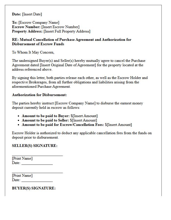 Mutual Cancellation Escrow Fund Disbursement Authorization Letter