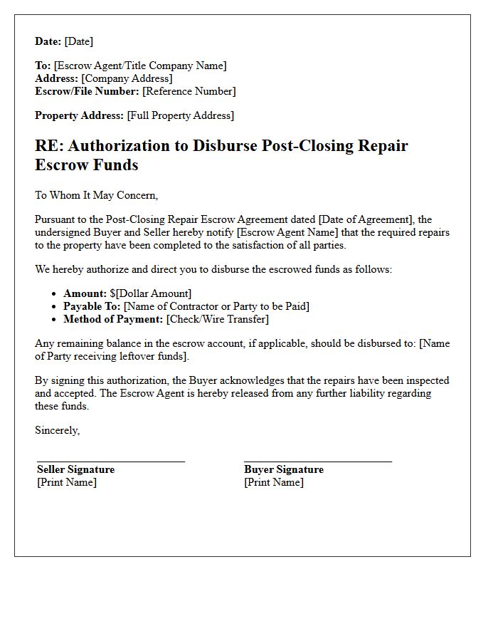 Post-Closing Repair Escrow Fund Disbursement Authorization Letter