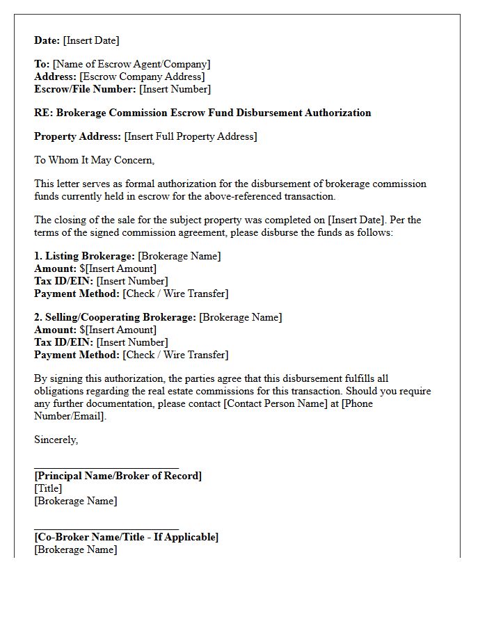 Brokerage Commission Escrow Fund Disbursement Authorization Letter
