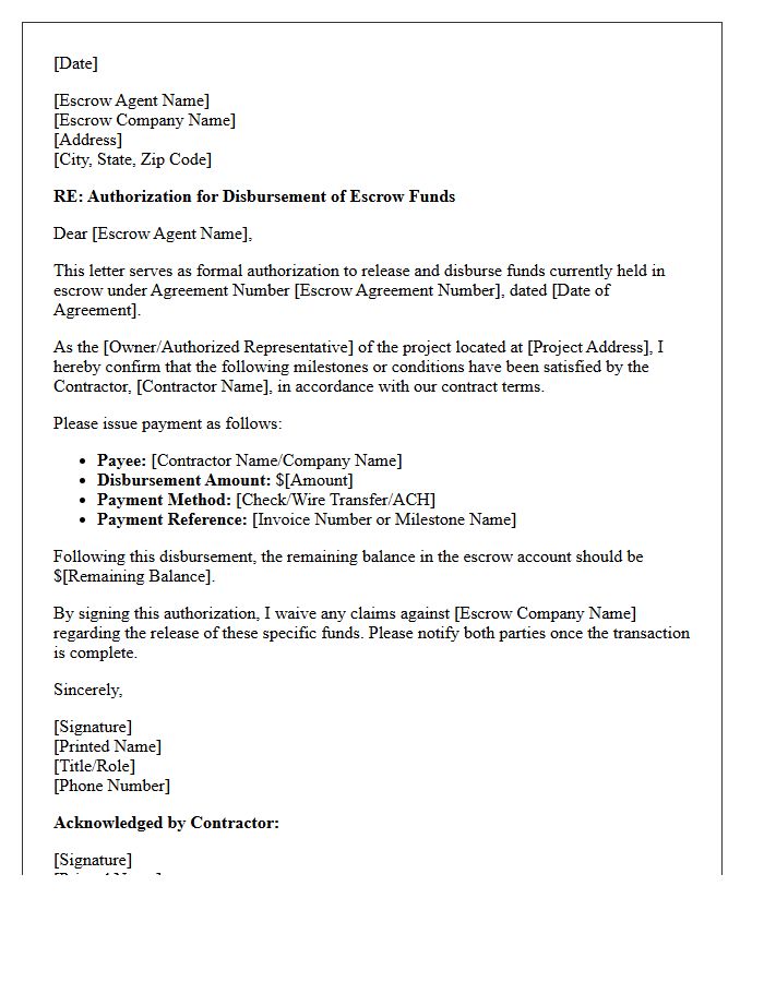Contractor Payment Escrow Fund Disbursement Authorization Letter