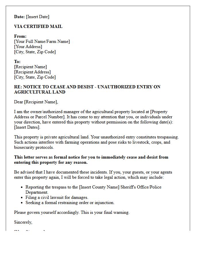 Agricultural Land Unauthorized Entry Cease And Desist Letter