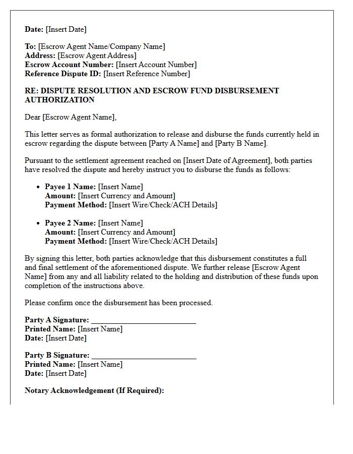 Dispute Resolution Escrow Fund Disbursement Authorization Letter