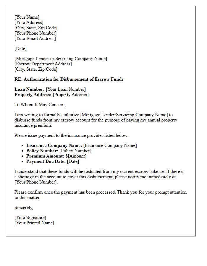 Insurance Premium Escrow Fund Disbursement Authorization Letter