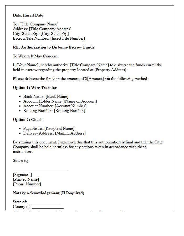 Title Company Escrow Fund Disbursement Authorization Letter