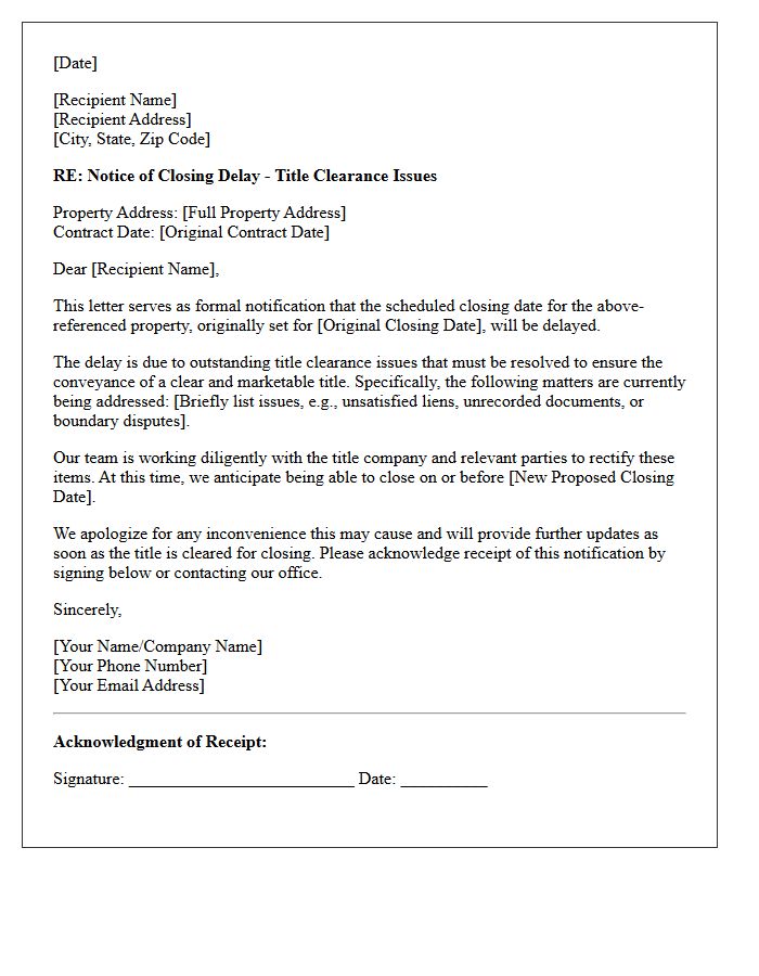 Title Clearance Closing Delay Notification Letter