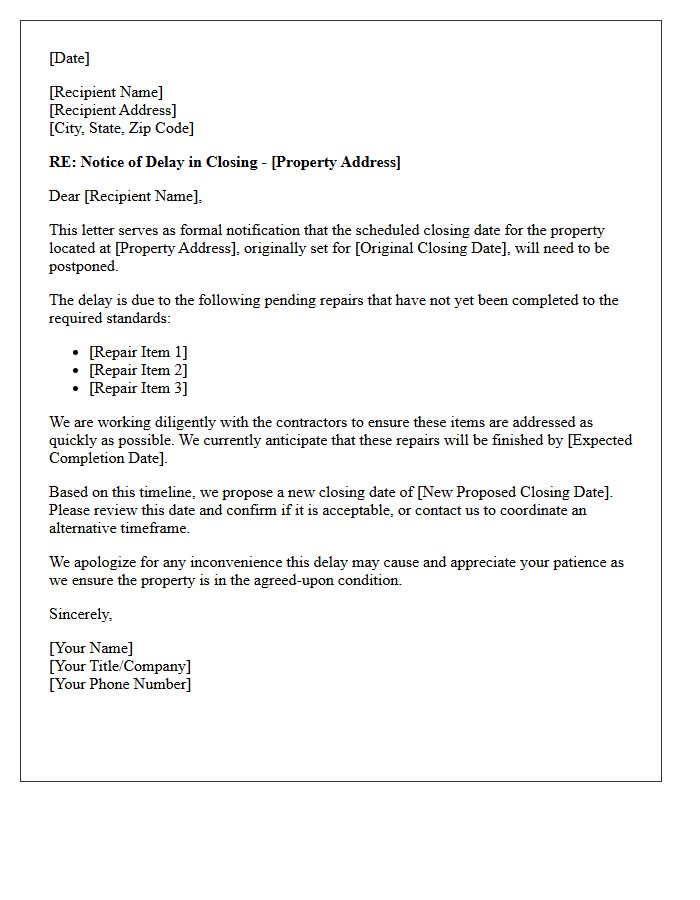 Pending Repairs Closing Delay Notification Letter
