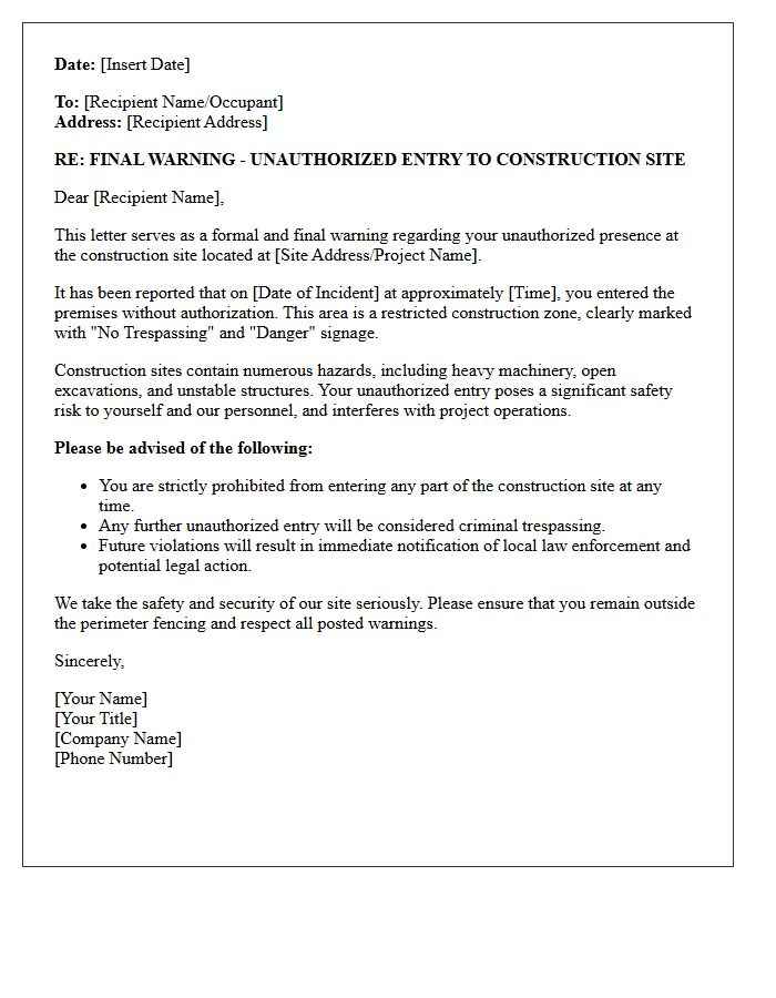 Construction Site Trespassing Final Warning Letter