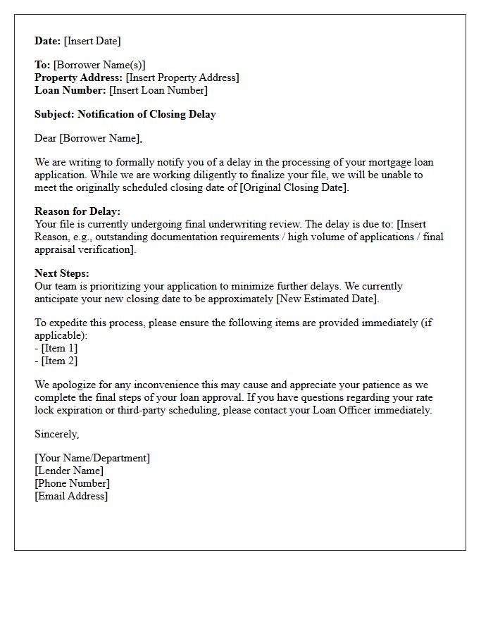 Lender Underwriting Closing Delay Notification Letter